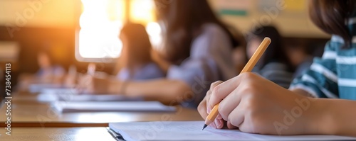 Close up hand of student in classroom taking exam