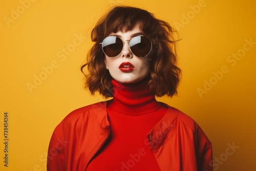 Fashionable young woman in red coat and sunglasses on yellow background