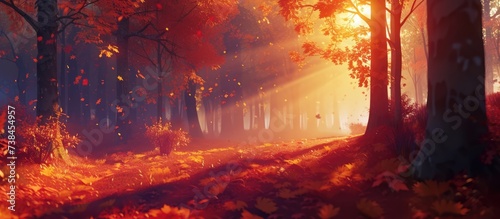 Autumn forest with sunlight filtering through vibrant leaves.