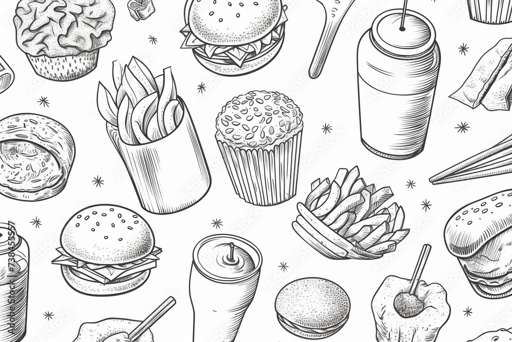 Hand drawn seamless pattern of line art fast food icons