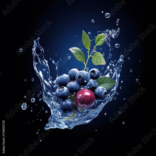 blueberry fruit with water splash on black background