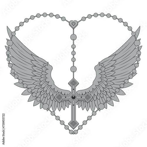 Winged Christian cross with heart-shaped rosary