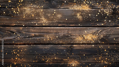 Wooden board surface with golden glitter shimmer wallpaper background