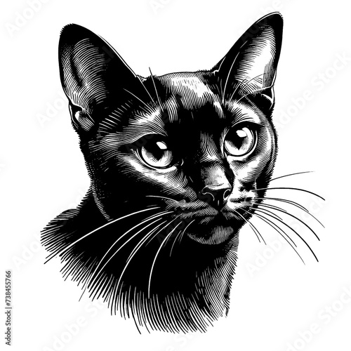 Bombay Cat Portrait. Hand Drawn Pen and Ink. Vector Isolated in White Engraving vintage style illustration for print, tattoo, t-shirt, coloring book