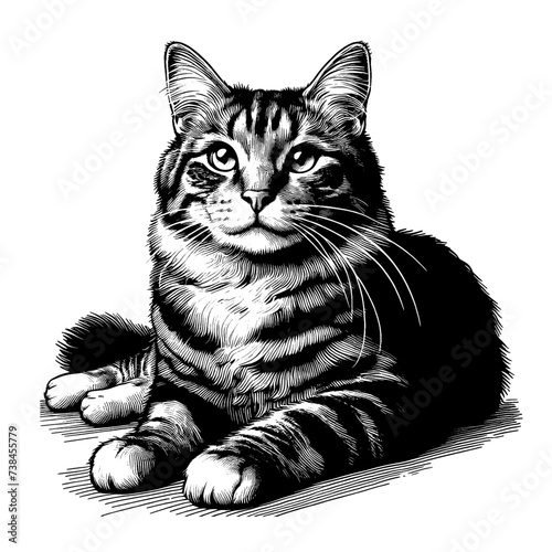 Cat laying down. Hand Drawn Pen and Ink. Vector Isolated in White. Engraving vintage style illustration for print, tattoo, t-shirt, coloring book