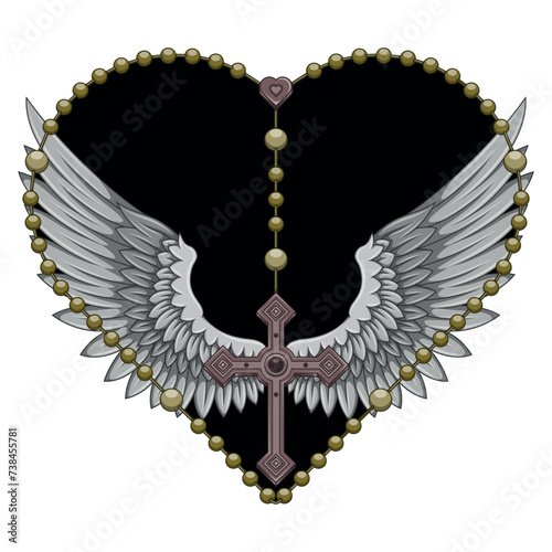 Winged Christian cross with heart-shaped rosary