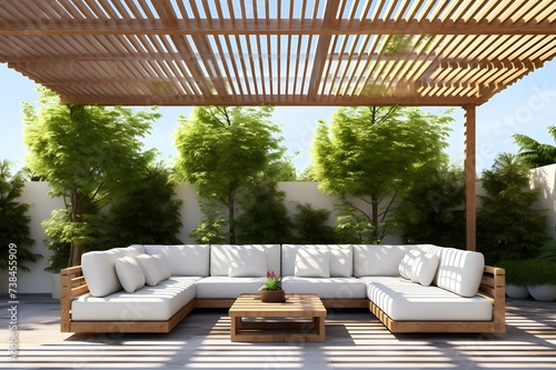 Cozy patio with sofas and a table. Pergola shade over patio © Serene