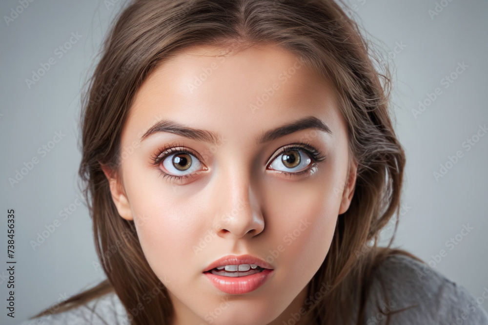 Impressed shocked young lady hearing bad news isolated on gray background