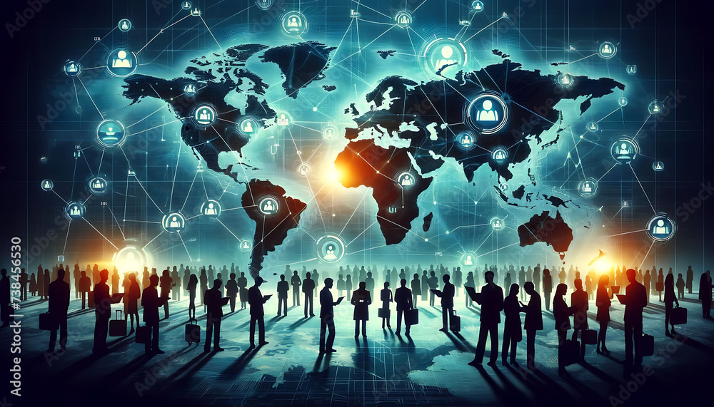 Global business network with silhouetted figures and illuminated world map connections