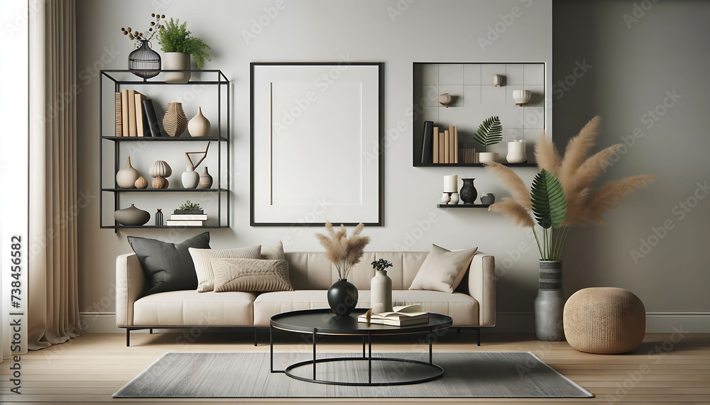 Chic Modern Living Room Interior with Neutral Tones and Decorative Shelving