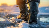 Winter Adventure: Close-Up of Snow Boots Against Sunset. Generative ai