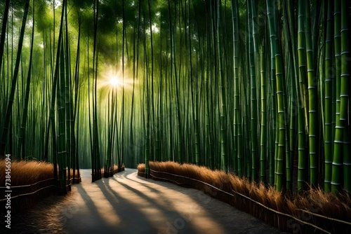  imagine  A serene bamboo grove with sunlight filtering through the dense foliage  casting a tranquil glow