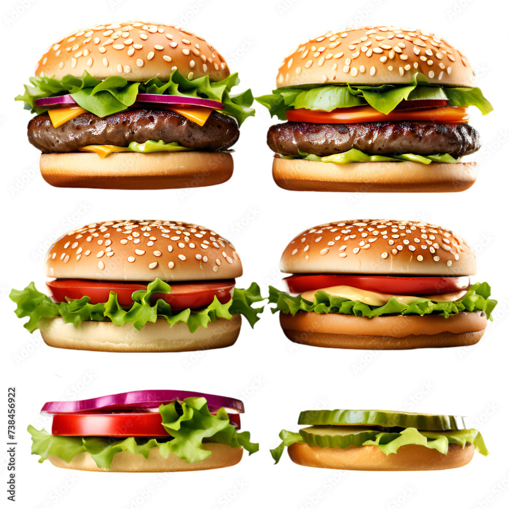 different sizes of burgers with meat, without meat, first layer, vegetable burger isolated on white transparent background PNG for restaurant hotel food menu different sizes of burgers with meat, without meat, first layer, vegetable burger isolated on white transparent background PNG for restaurant hotel food menu