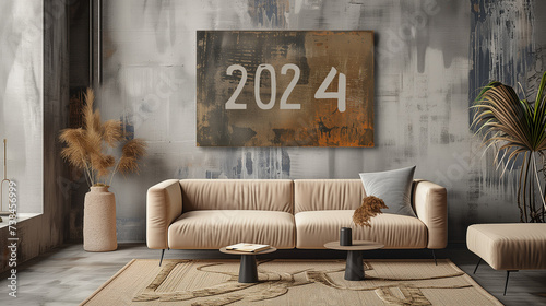コンクリート打ちっぱなしの壁の白いソファーがあるモダンな部屋に「2024」の文字が書いてあるアートが飾ってある photo