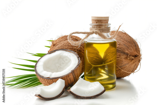 Coconuts and a bottle of coconut oil on a white background