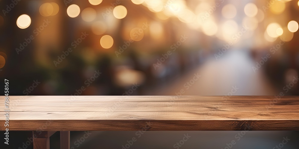 Wooden desk in empty cafe with blurred background