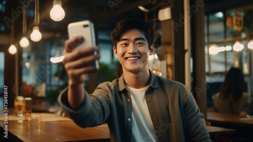 Young asian man using smartphone taking selfie photo friends and sharing lifestyle on social media