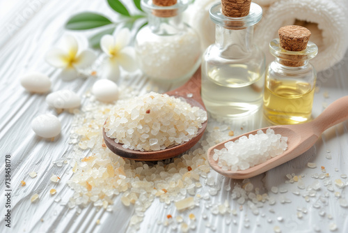 Essential oil, sea salt, and rocks add flavor to dishes on wooden table.