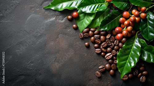 Coffee bean plant plantation with leaves and leaves. Banner background design  photo