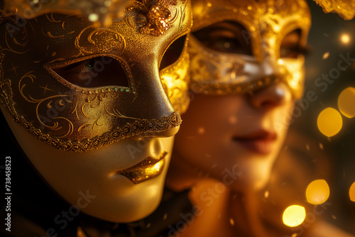 Two women wearing carnival masks are standing next to each other