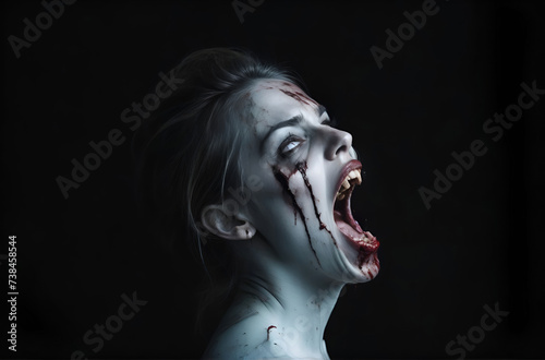 Scary zombie with bloody face closeup. evil, demon, skull and monster