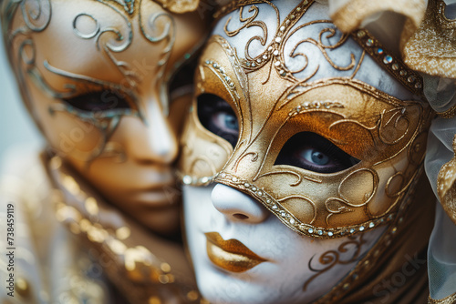 Two women wearing carnival masks are standing next to each other © Mkorobsky