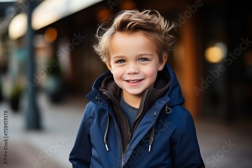 portrait of a smiling little boy in a blue jacket on the street