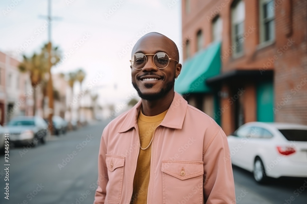 Portrait of smiling african american man in sunglasses on city street Portrait of smiling african american man in sunglasses on city street