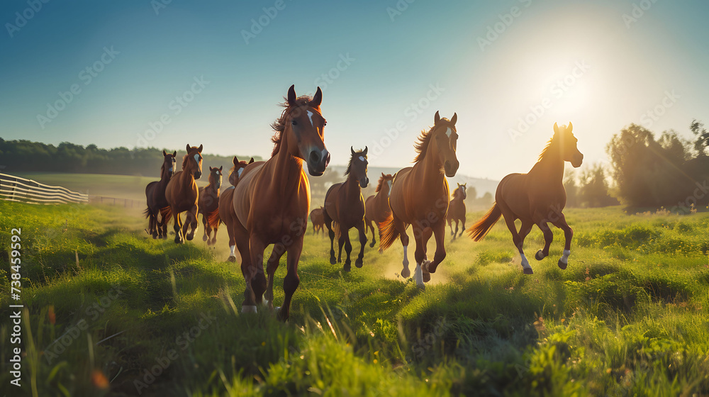 Obraz premium grounp of horse running on green meadow set in sunset background