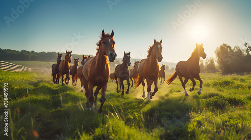 grounp of horse running on green meadow set in sunset background