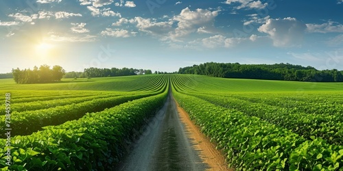 Green soybean field split by a road seen panoramically, Generative AI  photo