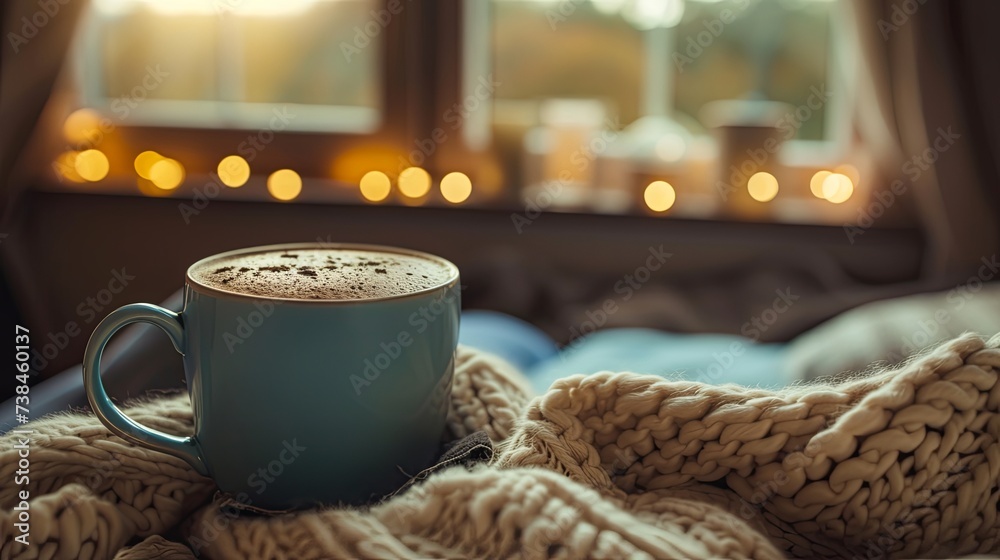 Cup of coffee tea chocolate on cozy room interior. Banner background design Cup of coffee tea chocolate on cozy room interior. Banner background design