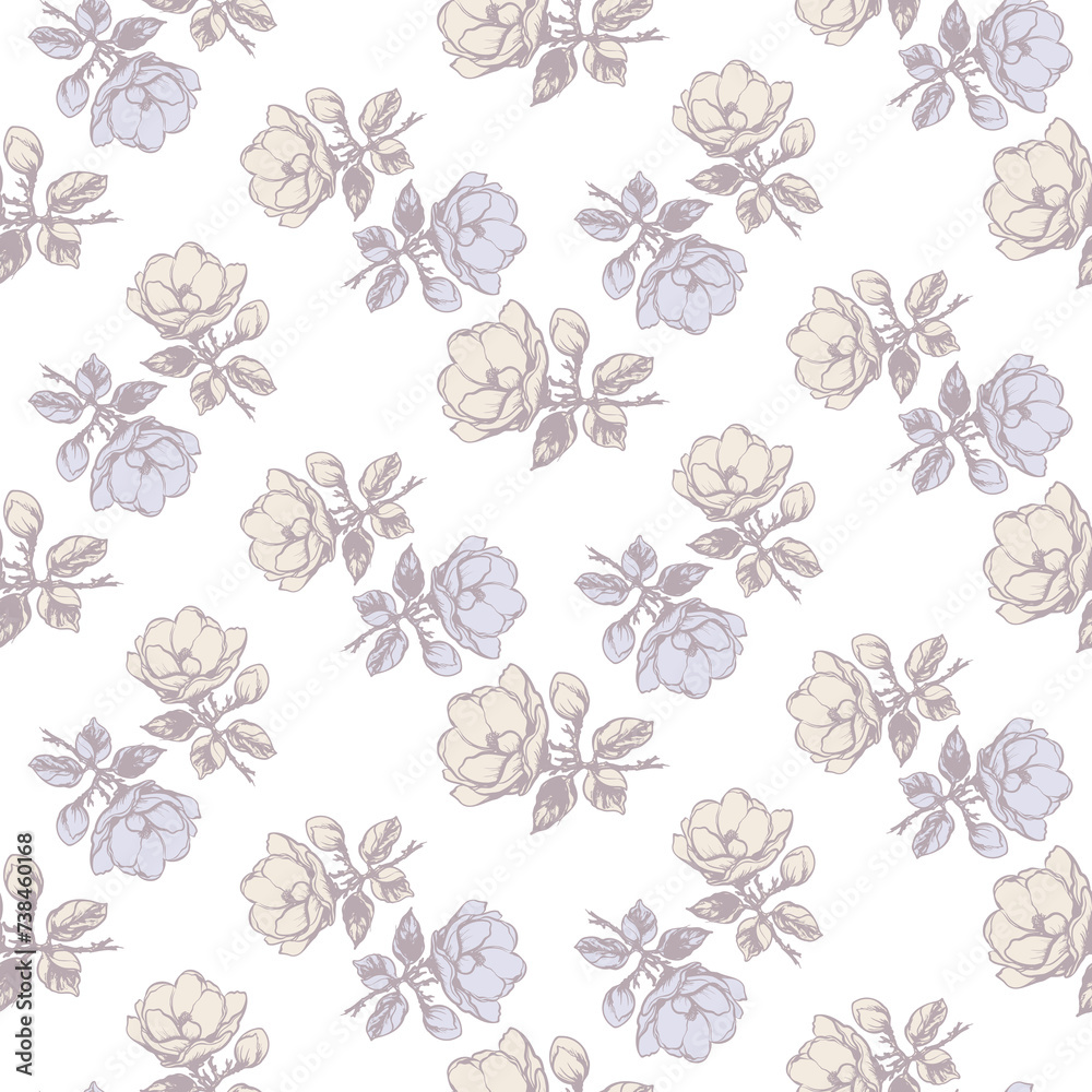 Decorative delicate pattern of flowers and branches of magnolia. A pattern of leaves. For nature, eco-friendly and design. Hand-drawn plants, a frame for a postcard.