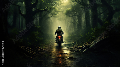person in the forest, person riding a bike in the forest down a winding road
