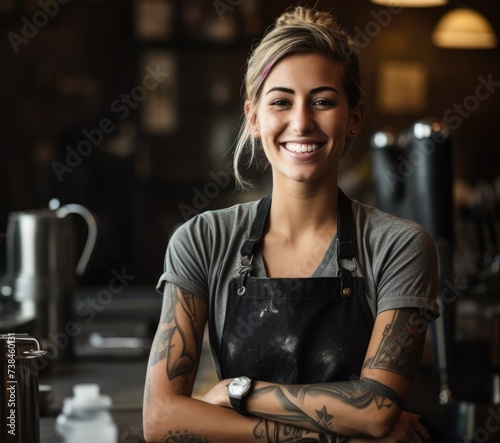Beautiful smiling tattooed Latin American female barista in coffee shop bar. Portrait of a happy employee. AI Generated