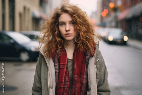 Portrait of a beautiful young woman with curly hair in the city