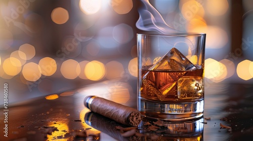 A classic pairing whiskey and a cigar on a table