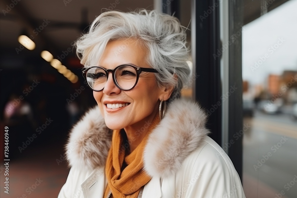 Portrait of happy senior woman with eyeglasses in the city