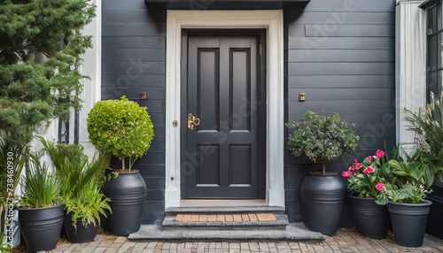 Black front door, front door of a house adorned potted plants, Front door