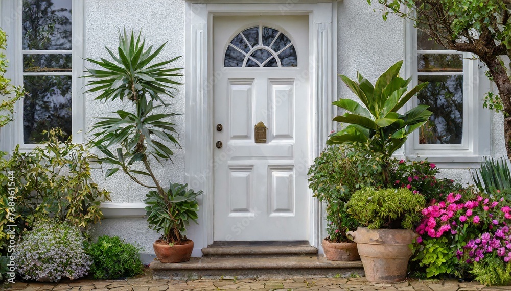 white front door, front door of a house adorned potted plant white front door, front door of a house adorned potted plant
