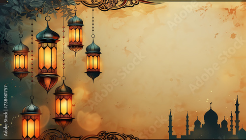 Luxury green and grunge paper ramadan kareem ort eid mubarak background. cover card for islamic wedding greeting banner with copy space. mosque, lantern, moon and stars illustration photo