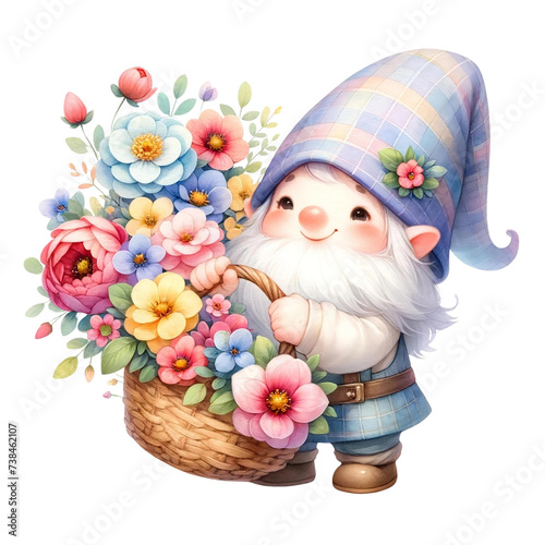A cute  Gnome with a basket of flower watercolor illustration pastel color perfect for nursery art  png