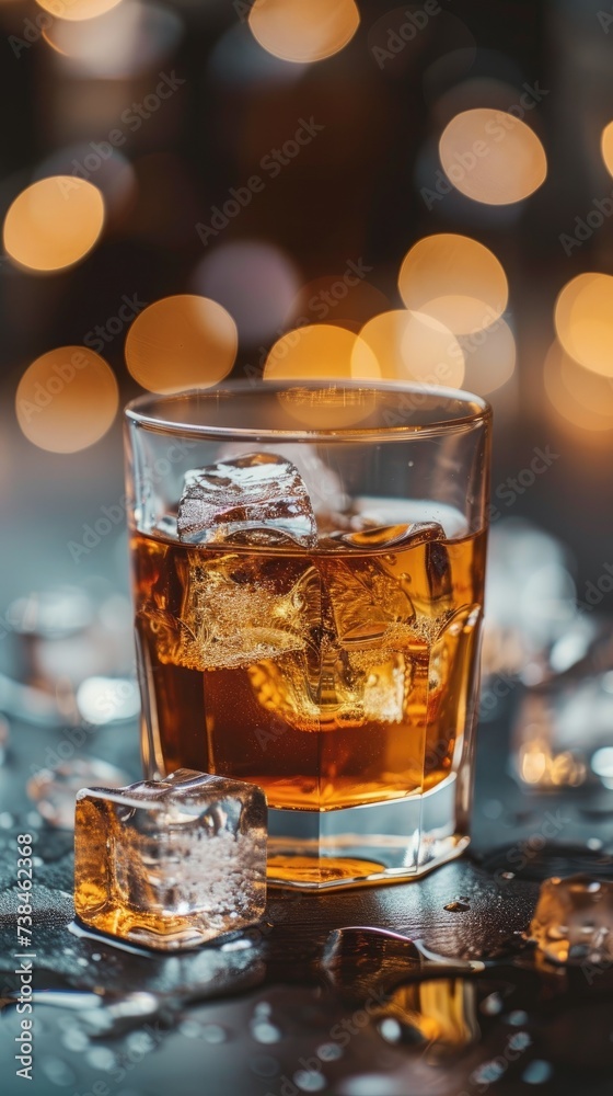 A glass of whiskey with ice cubes on a table