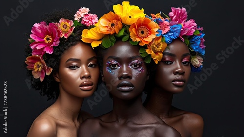 Woman floral portrait, young adult africal american girl with head covered with flowers, artistic female portrait, 8 march or women day concept, AI generated photo