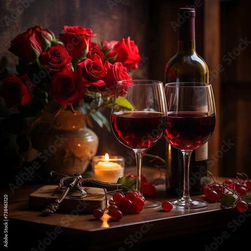 Romantic red wine and a single rose set the mood for a special celebration