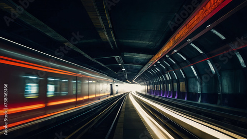A motion shot of a train travelling through a tunnel at night  Design of abstract fast scaling speed motion background technology