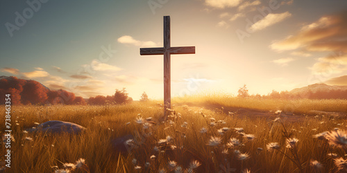Ascension day concept. The cross on meadow autumn sunrise background #738463354