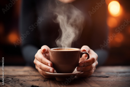 Woman enjoys a hot cup of coffee in a charming cafe  radiating morning smiles amidst the aroma of freshly brewed espresso  creating a cozy and delightful scene