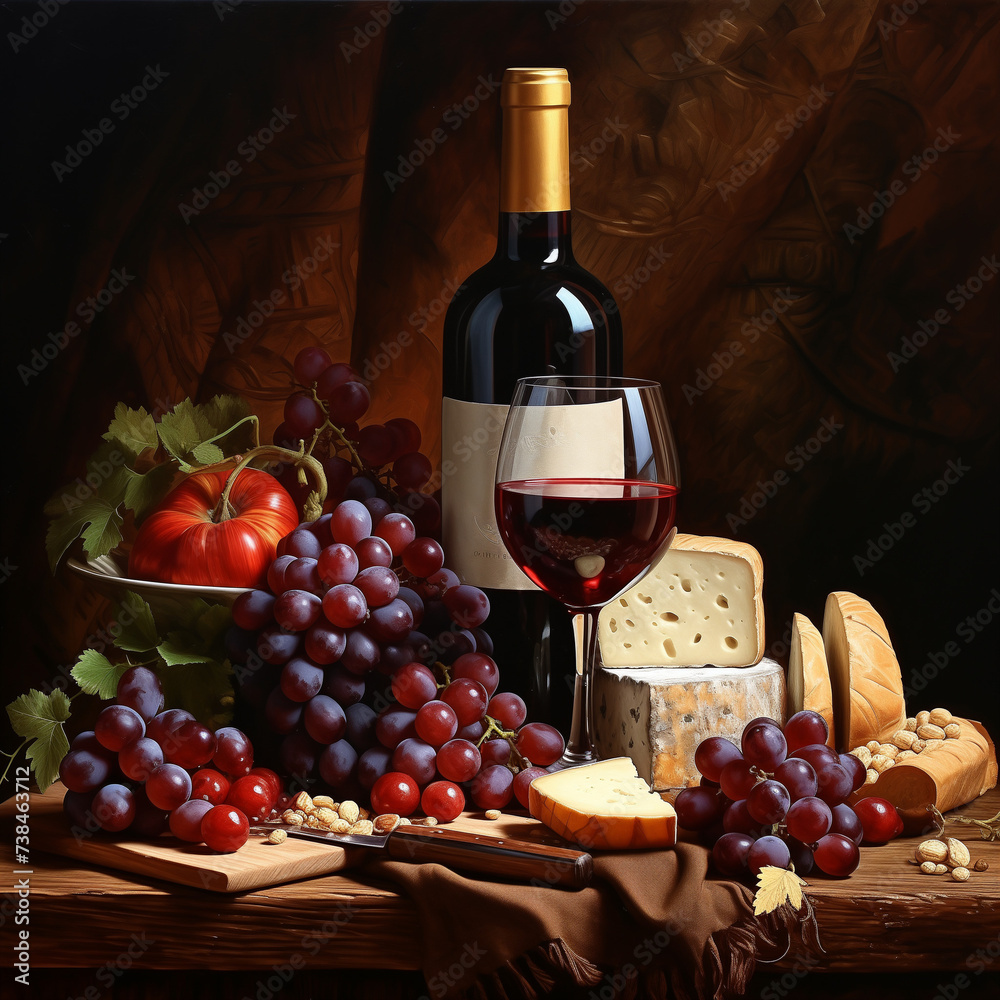 Vibrant red wine, a bottle, and a glass surrounded by luscious grapes, creating a captivating still life scene with elements of celebration and taste