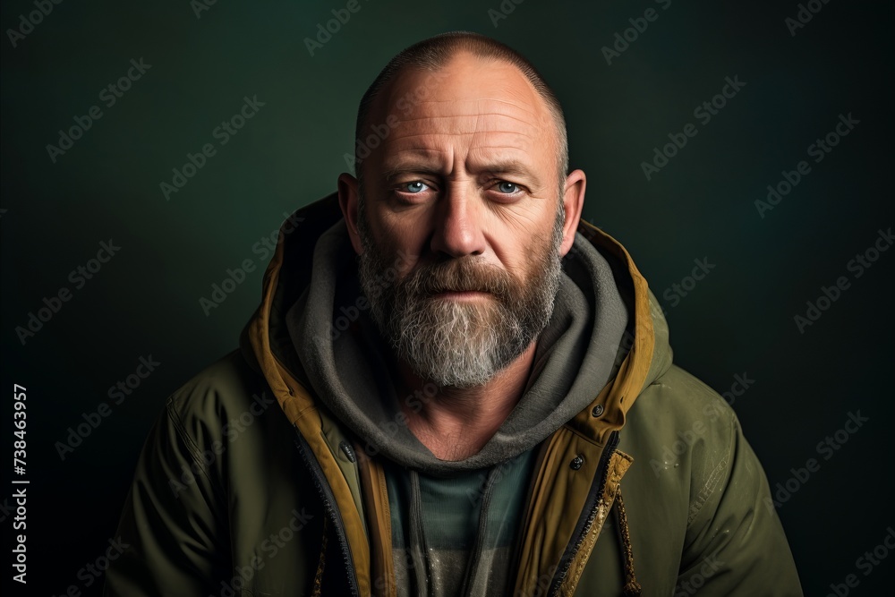 Portrait of a bearded man with a gray beard in a green jacket. Portrait of a bearded man with a gray beard in a green jacket.